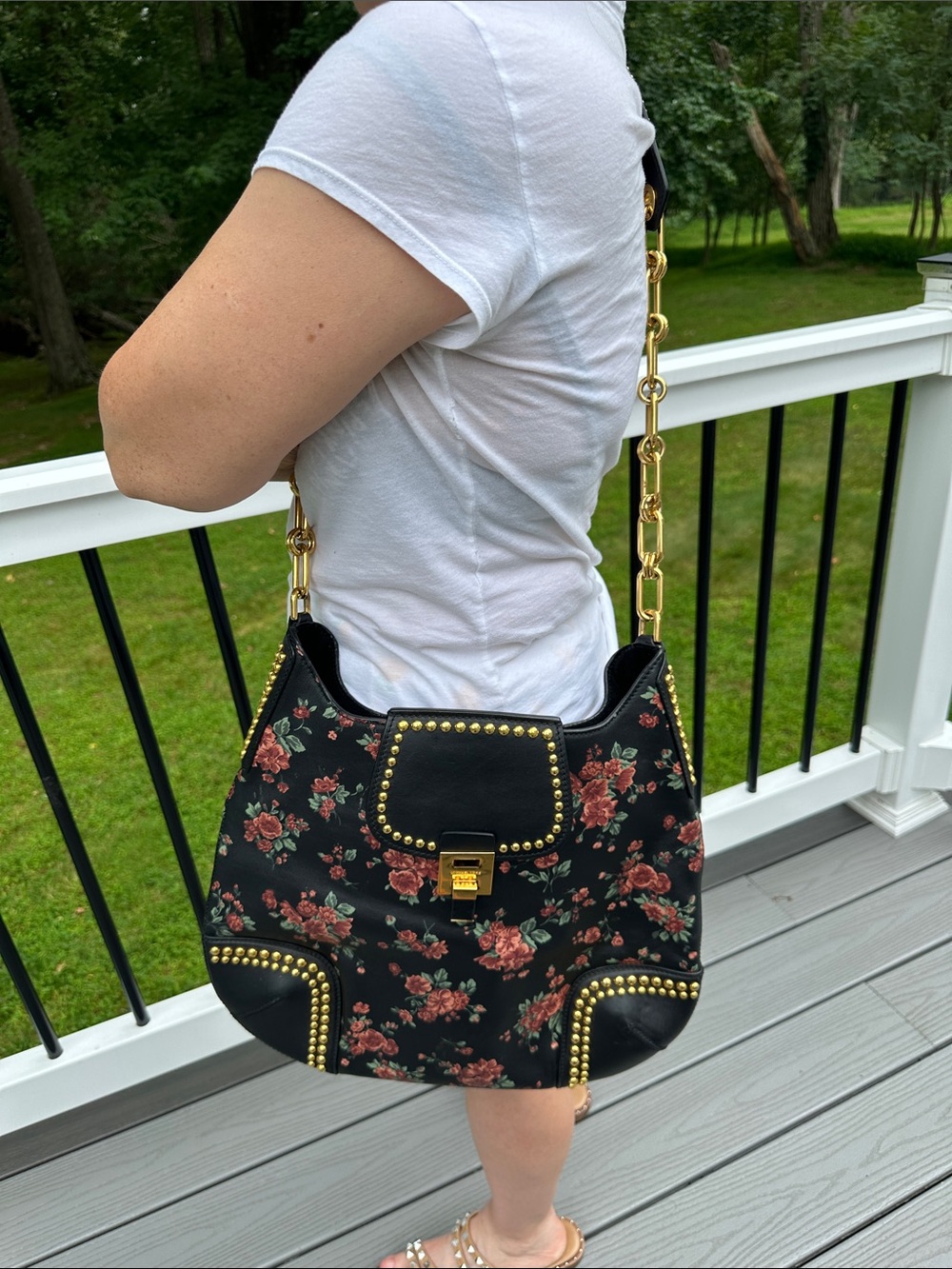 Michael Kors Black Floral Studded Shoulder Bag with Gold Chain Strap